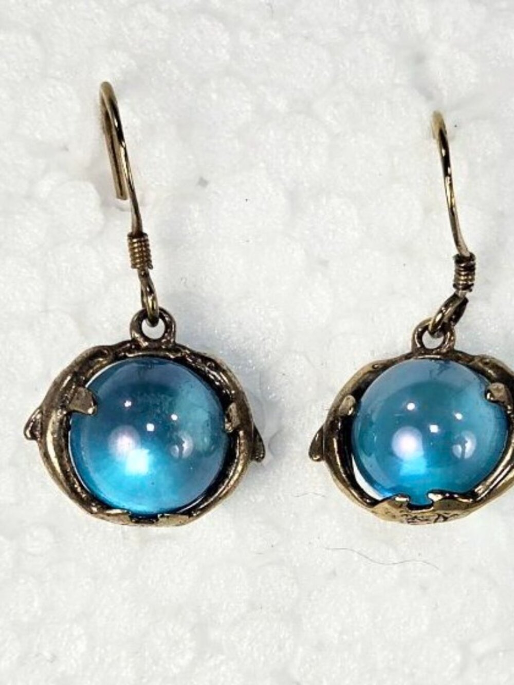 Vintage Brass Dolphin Dangle Earrings Aqua Blue Glass ball